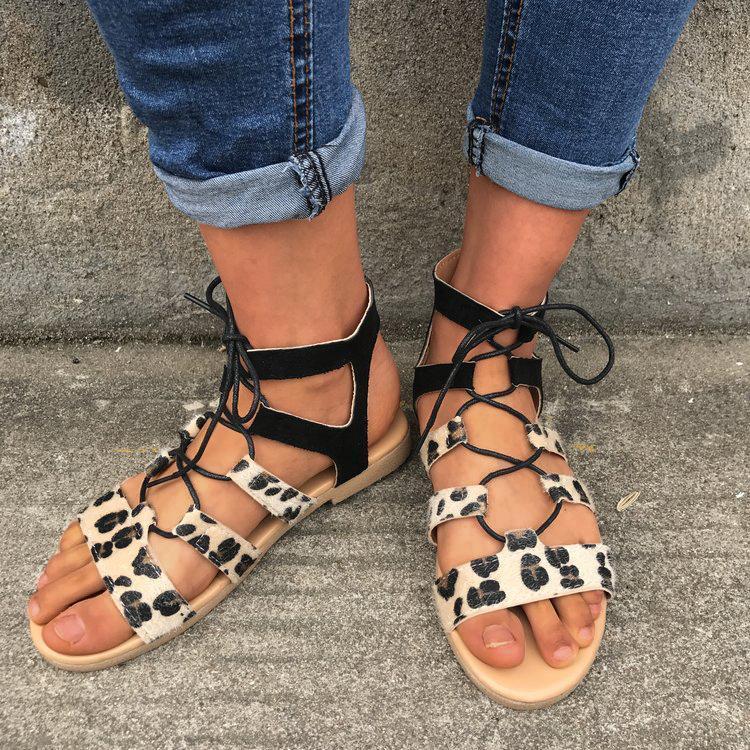 Leopard Patchwrok Lace-up Sandals Peep-toe Shoes