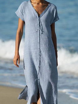 V Neck Women Dresses Beach Linen Paneled Dresses