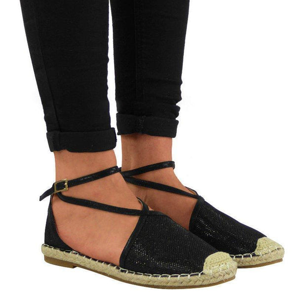 Women Flat Heel Espadrille Shoes Buckle Shining Sandals