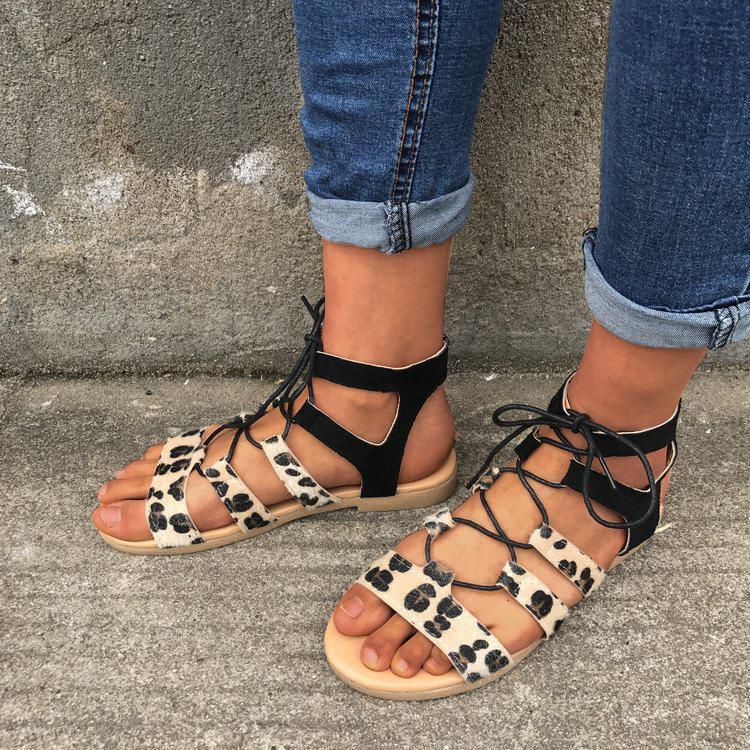 Leopard Patchwrok Lace-up Sandals Peep-toe Shoes