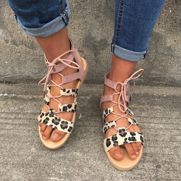 Leopard Patchwrok Lace-up Sandals Peep-toe Shoes