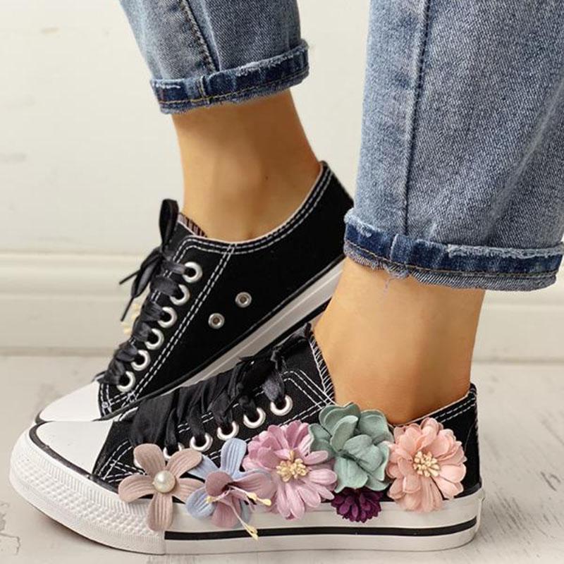 Women Floral Embellished Lace-Up Casual Sneakers