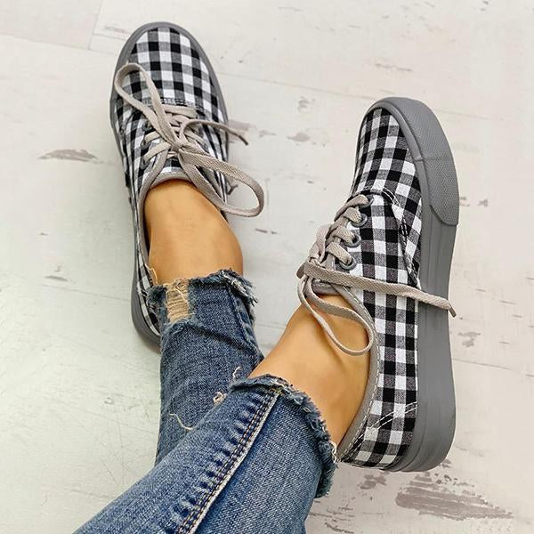 Women Casual Plaid Insert Lace-Up Casual Sneakers