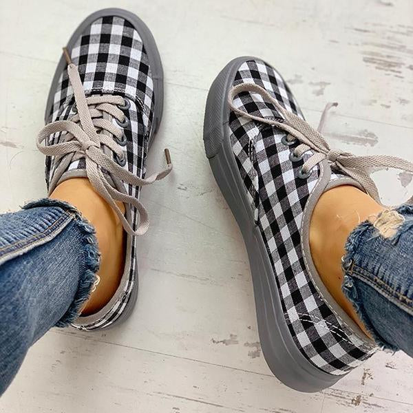 Women Casual Plaid Insert Lace-Up Casual Sneakers